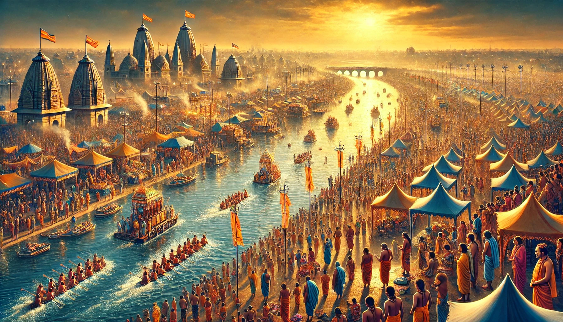 DALL·E 2025 01 18 20.48.27 An artistic depiction of the Mahakumbh Mela 2025 showcasing a vast gathering of devotees on the banks of a sacred river at Prayagraj. The scene inclu